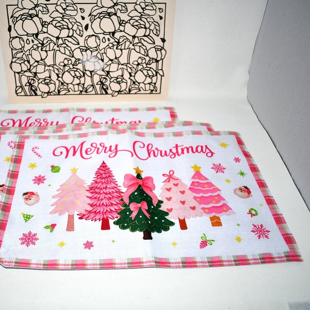 Miss Adola Pink Christmas Placemats Set of 4 – 12x18 Quilted Double Layer Holida
